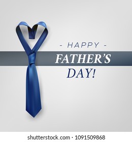 Fathers day gift post greeting card banner poster with relistic satin blue necktie knot. Male tie design.Heart shaped symbol of love and respect.