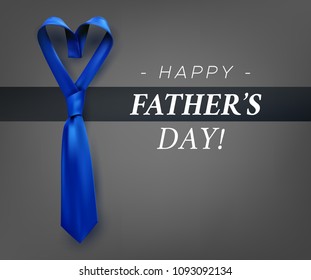 Fathers day gift post greeting card banner poster with relistic satin blue necktie knot. Male tie design.Heart shaped symbol of love and respect.