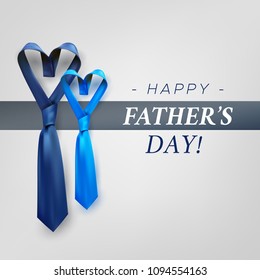 Fathers day gift post greeting card banner poster with relistic satin blue necktie knot. Male tie design.Symbol of father and son.Heart shaped symbol of love and respect.