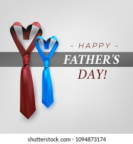 Fathers day gift post greeting card banner poster with relistic satin blue necktie knot. Male tie design.Symbol of father and son.Heart shaped symbol of love and respect.