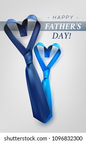 Fathers day gift post greeting card banner poster with relistic satin blue necktie knot. Male tie design.Symbol of father and son.Heart shaped symbol of love and respect.