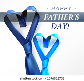 Fathers day gift post greeting card banner poster with relistic satin blue necktie knot. Male tie design.Symbol of father and son.Heart shaped symbol of love and respect.