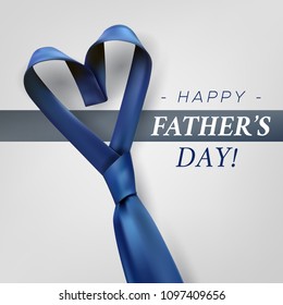 Fathers day gift post greeting card banner poster with relistic satin blue necktie knot. Male tie design.Symbol of father and son.Heart shaped symbol of love and respect.