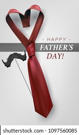 Fathers day gift post greeting card banner poster with relistic satin blue necktie knot. Male tie design.Symbol of father and son.Heart shaped symbol of love and respect.