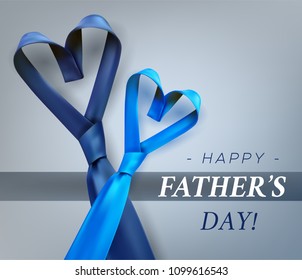 Fathers day gift post greeting card banner poster with relistic satin blue necktie knot. Male tie design.Symbol of father and son.Heart shaped symbol of love and respect.