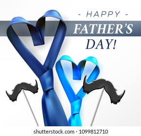 Fathers day gift post greeting card banner poster with relistic satin blue necktie knot. Male tie design.Symbol of father and son.Heart shaped symbol of love and respect.