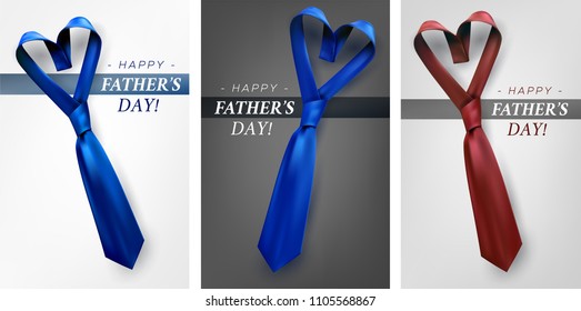 Father's day gift post greeting card banner poster with relistic satin blue necktie knot. Male tie design.Symbol of father and son.Heart shaped symbol of love and respect.