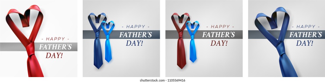 Father's day gift post greeting card banner poster with relistic satin blue necktie knot. Male tie design.Symbol of father and son.Heart shaped symbol of love and respect.