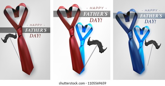 Father's day gift post greeting card banner poster with relistic satin blue necktie knot. Male tie design.Symbol of father and son.Heart shaped symbol of love and respect.