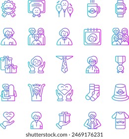 Fathers Day Gradient Icons Set. Contains Icons such as Appreciation,Bond,Balloons,Mug,Watch,Dad,Family,Father,Fathers Day,Parent,Gift,Gratitude,Tie,Hero,Honor,Hug,Joy,Love,Socks,