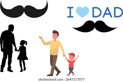 Um gráfico do Dia dos Pais com uma silhueta de um pai e uma filha de mãos dadas, um pai e um filho caminhando, e um texto "I Love Dad" com bigodes.