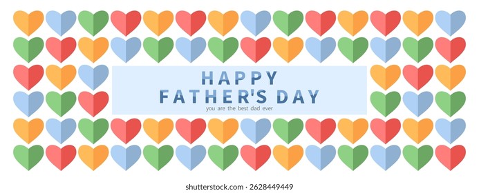 Father's Day greeting banner. Minimalistic bright card with colorful hearts. Holiday vector illustration for card, template, poster, flyer