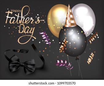 Father's Day greeting card with bow tie, air balloons and serpentine. Vector illustration