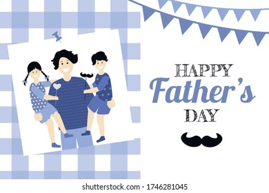  Father's day Greeting Card, brochures, poster or banner in flat style in blue colour. Vector of love dad  and Fathers day Concept, happy family, father and two children