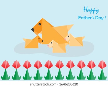 Fathers day greeting card concept with origami dog and his baby,vector illustration paper art style.