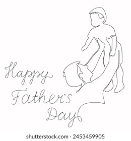 Father's Day greeting card. Continuous single drawn one line dad tosses a toddler. Father with son vector illustration