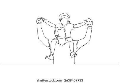 Father's Day greeting card. Continuous single drawn one line dad tosses a toddler, Minimalist black linear sketch isolated on white background. Vector illustration.