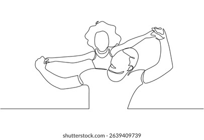 Father's Day greeting card. Continuous single drawn one line dad tosses a toddler, Minimalist black linear sketch isolated on white background. Vector illustration.