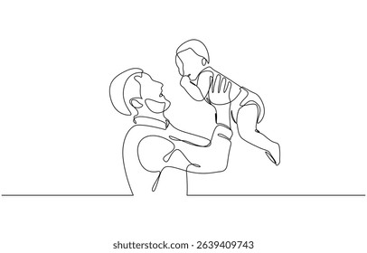 Father's Day greeting card. Continuous single drawn one line dad tosses a toddler, Minimalist black linear sketch isolated on white background. Vector illustration.