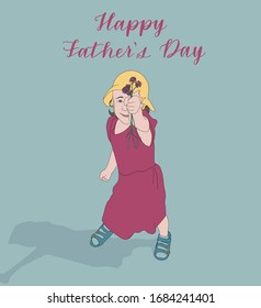 Father's Day greeting card with cute little girl holding a bouquet of wildflowers. Color cartoon hand illustrations, line art. Father's Day greeting card. Holiday greetings. Children and family