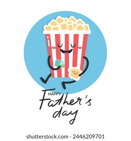 Fathers Day greeting card with a cute popcorn character reading book to a child. Dad and kid together. Vector illustration