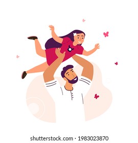 Fathers Day greeting card. Dad playing with his child daughter.Bright flat style picture for blogs and social media,greeting cards,prints, posters.Flat vector illustration isolated on white background