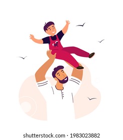 Fathers Day greeting card. Dad playing with his child son boy.Bright flat style picture for blogs and social media,greeting cards,prints, posters. Flat vector illustration isolated on white background