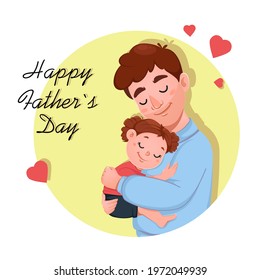 Father's day greeting card. Daughter hugs her father. Cute cartoon characters. Vector illustration