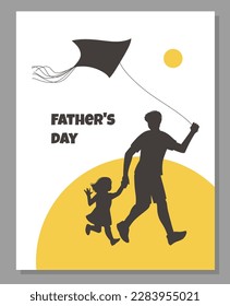 Fathers day greeting card design with silhouettes of dad and child launching a kite, vector illustration. Card or poster for fathers holiday congratulations.