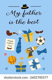 Father's day greeting card design with gifts and sports theme.