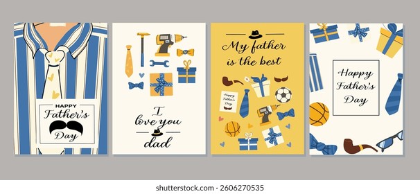 Father's day greeting card designs featuring gifts, tools, and sports themes for celebrating dad.