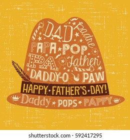 Father's Day greeting card. Doodle style fedora with different words for dad.