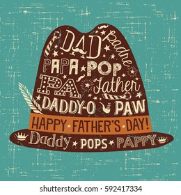 Father's Day greeting card. Doodle style fedora with different words for dad.