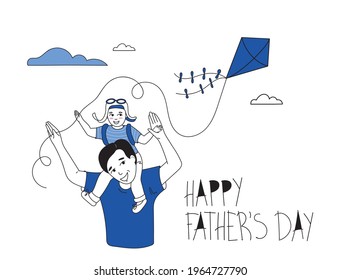 Father's Day greeting card. The father rolls the child on his shoulders. Happy characters in a linear style. EPS10.