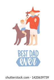 Father's Day greeting card with funny dad and son wearing costumes of fairytale characters and playing. Happy parent and child spending time together. Flat cartoon colorful vector illustration.