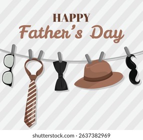 Father's Day greeting card with hanging male accessories like tie, hat, bow, and glasses in a festive flat illustration style