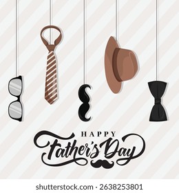 Father's Day greeting card with hanging male accessories like tie, bow, mustache, and eyeglasses, perfect for festive decoration or message design