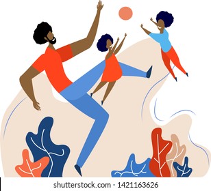 Fathers Day greeting card. Happy father playing with his children. Flat vector illustration