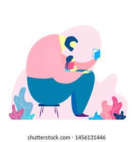 Fathers Day greeting card. Happy father reading a book with his children. Sticker illustration. Bright flat style picture for blogs and social media, greeting cards, prints, posters. Vector flat 