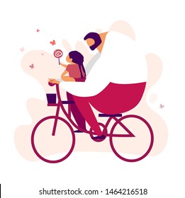 Fathers Day greeting card. Happy father riding a bicycle with his child. Sticker illustration. Bright flat style picture for blogs and social media, greeting cards, prints, posters. Vector flat 