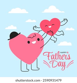 Father's Day greeting card. Happy cute cartoon hearts dad and baby together. Hand drawn doodle style festive banner. Illustration of love, appreciation, fatherhood and family bonding. Vector