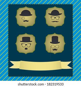 Father's Day greeting card with a hat, a mustache and glass. Vintage hipster background