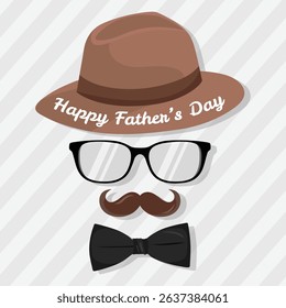 Father's Day greeting card with hat, glasses, mustache, and bow tie, perfect for social media post or festive dad celebration