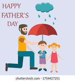 father's Day greeting card with the image of a male father holding an umbrella over his daughter and son, flat style, color vector illustration, design, greeting, gift