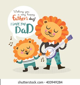 Father's day greeting card with little lion and father