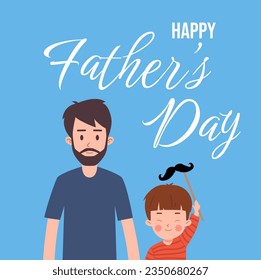 Fathers day greeting card, man with his son, cartoon flat vector illustration on blue background. Holiday celebration poster. Happy father with child.