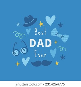 Father's Day greeting card with mustache, hat, necktie, glasses on blue background. Father's Day cartoon holiday illustration for banner, template, poster, flyer, social media.