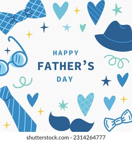 Father's Day greeting card with necktie, mustache, hat, tie, glasses on white background. Father's Day cartoon holiday illustration for banner, template, poster, flyer, social media.