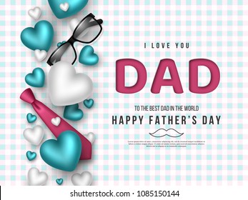 Fathers day greeting card. Paper cut style letters with 3d realistic tie, glasses, hearts and checkered pattern. Holiday background. Vector illustration.