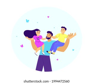 Fathers Day greeting card.Dad playing and holding on shoulders his children son and daughter.Bright flat style picture for greeting cards,posters.Flat vector illustration isolated on white background